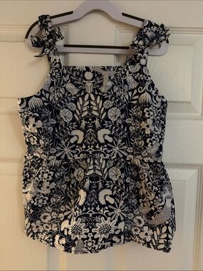 J. Crew Navy and White Floral Tie-Strap Tank Top
